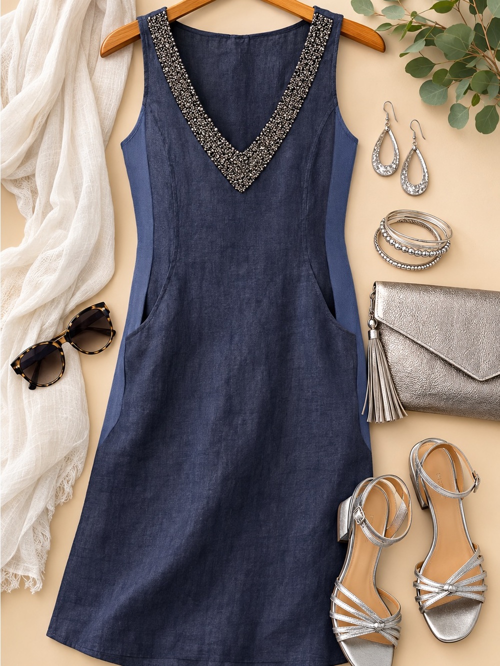 Lina Tomei Italian Linen Beaded V Neck Shift Dress
